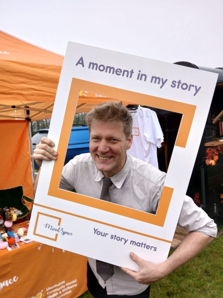 colin furze in MindSpace frame at Stamford Santa Fun Run